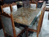 Dinning Room Set-- 6 Seater Wooden Dinning Table with Glass Top Wooden Base and Wooden Chairs